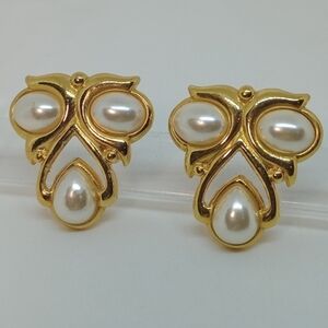 * vintage JS Joseph Smith & Sons faux pearl triad gold tone earrings